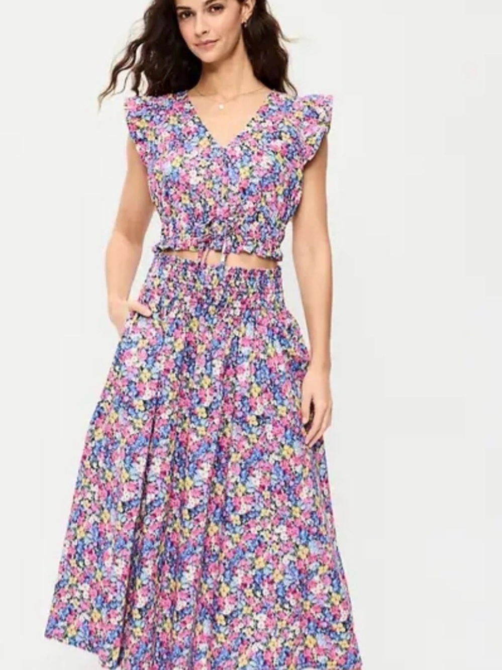 Floral Smocked-Waist Midi Skirt